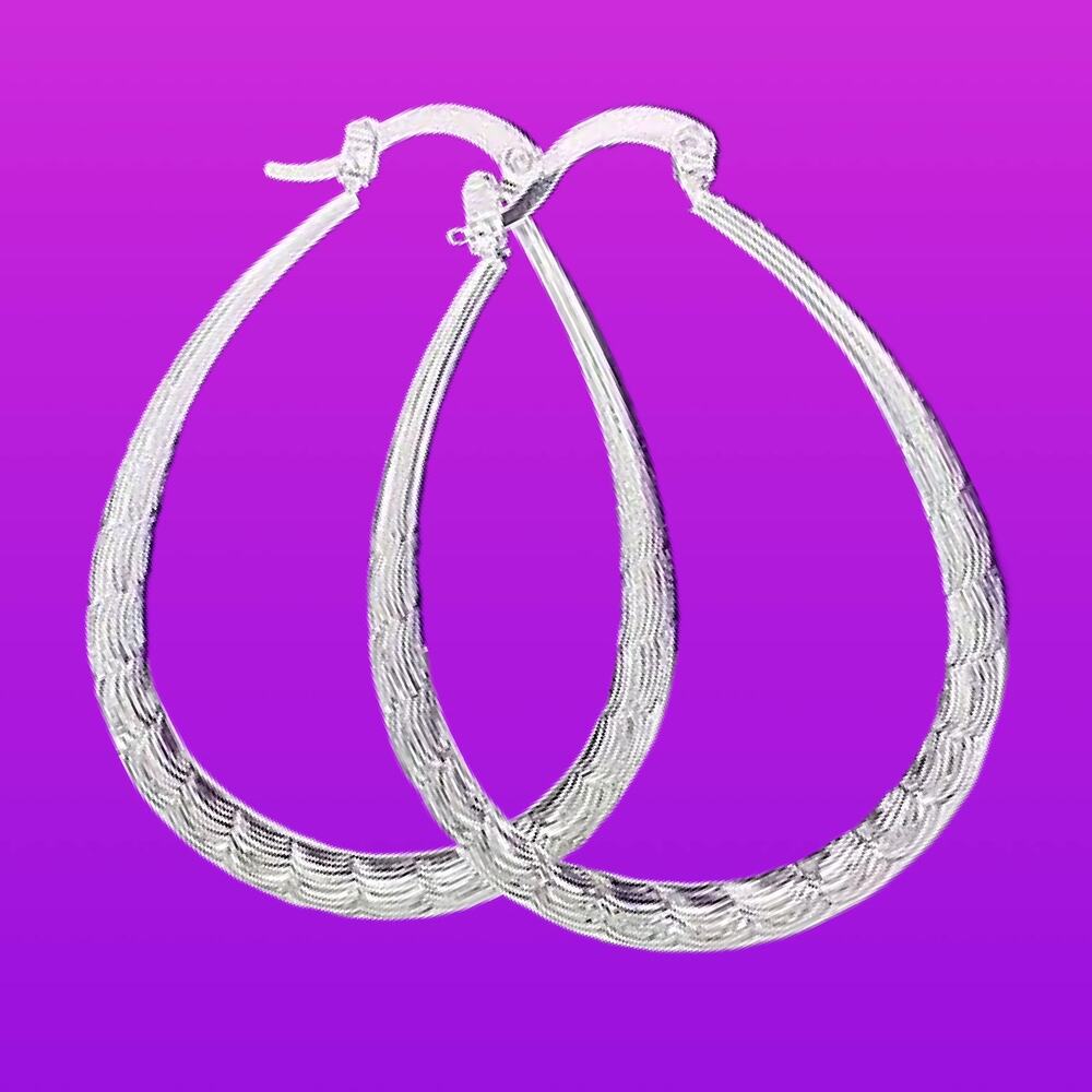 NEW Silver Tone Textured Teardrop Hoop Earrings Lightweight Dangle Style